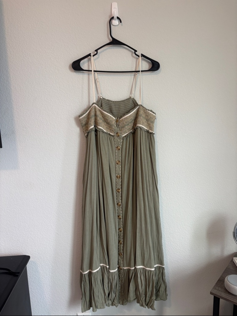 Ces Femme Olive Green boho Midi Dress with Cream Trim